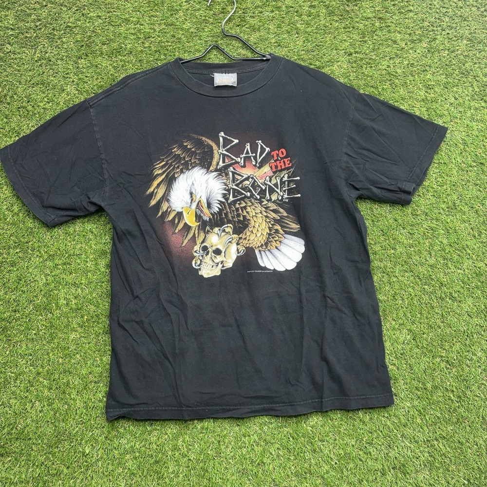 Vintage Bad to the Bone Eagle Shirt Mens XL Skull Thunder Black Grunge Biker y2k